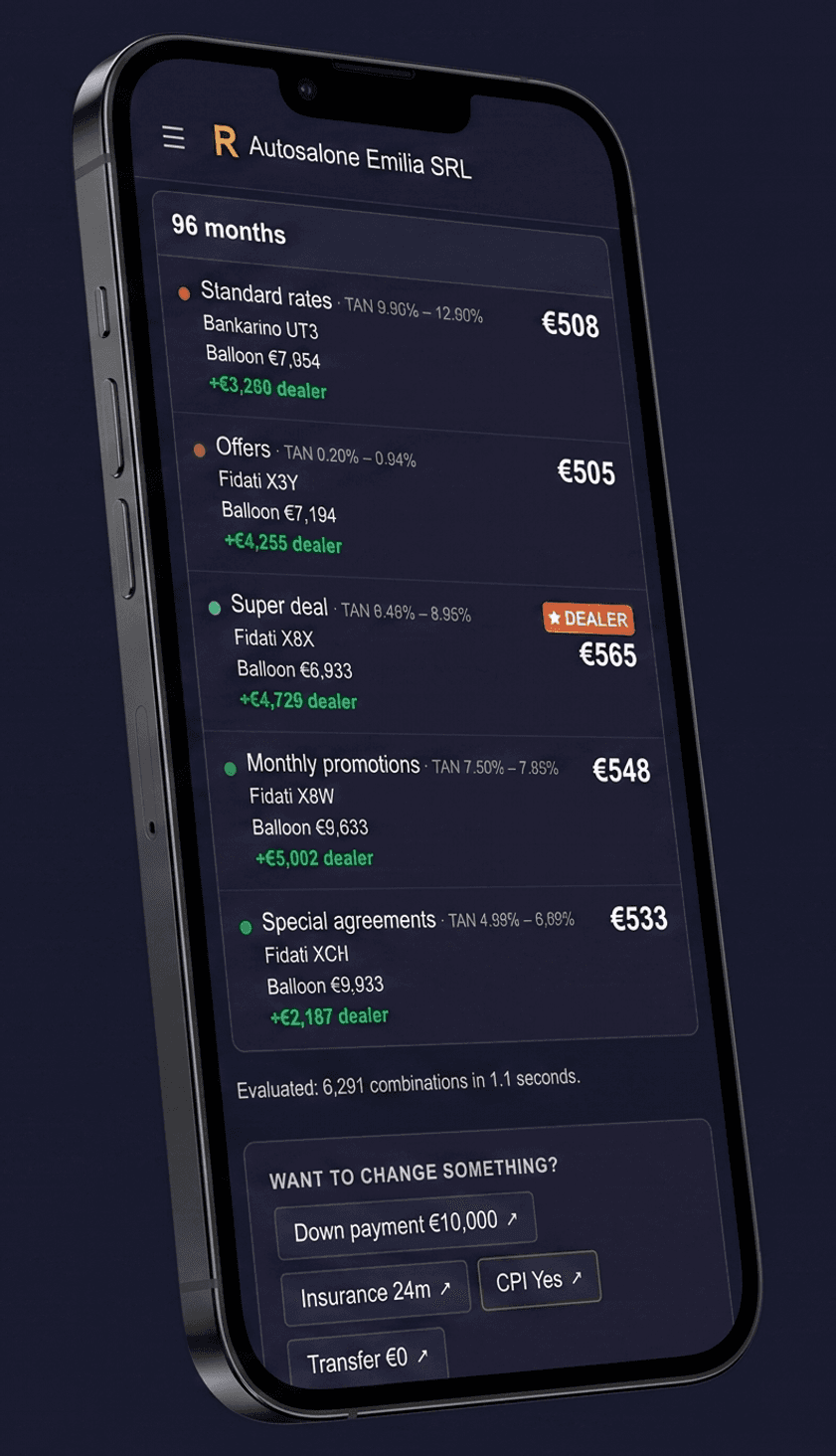 Rettifilo on an iPhone: the combinations board with thousands of instalments calculated in real time